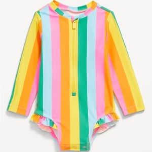 Old Navy Rainbow Striped Baby Girls One-Piece Ruffle Swimsuit 6-12 months